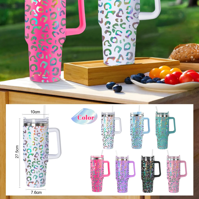 In Stock US Warehouse H2.0 Vaso De 40 Onzas Suave Mate 40oz Holographic Leopard Tumbler with Handle and Straw Cup 40 oz