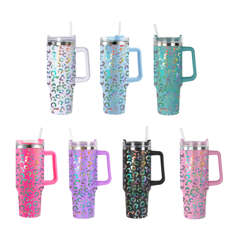 In Stock US Warehouse H2.0 Vaso De 40 Onzas Suave Mate 40oz Holographic Leopard Tumbler with Handle and Straw Cup 40 oz