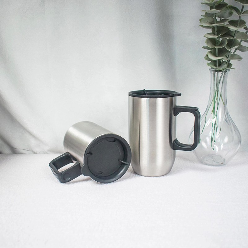 Wholesale New Customized logo Camping Travel Mug  Cups 450ml Double-Wall  Stainless Steel  Mug With Handle Lid