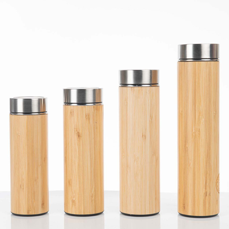 Wholesale Eco Friendly 500ml Thermos Insulated Stainless Steel Tumbler Bamboo Water Bottles With Tea Infuser and Led Lid