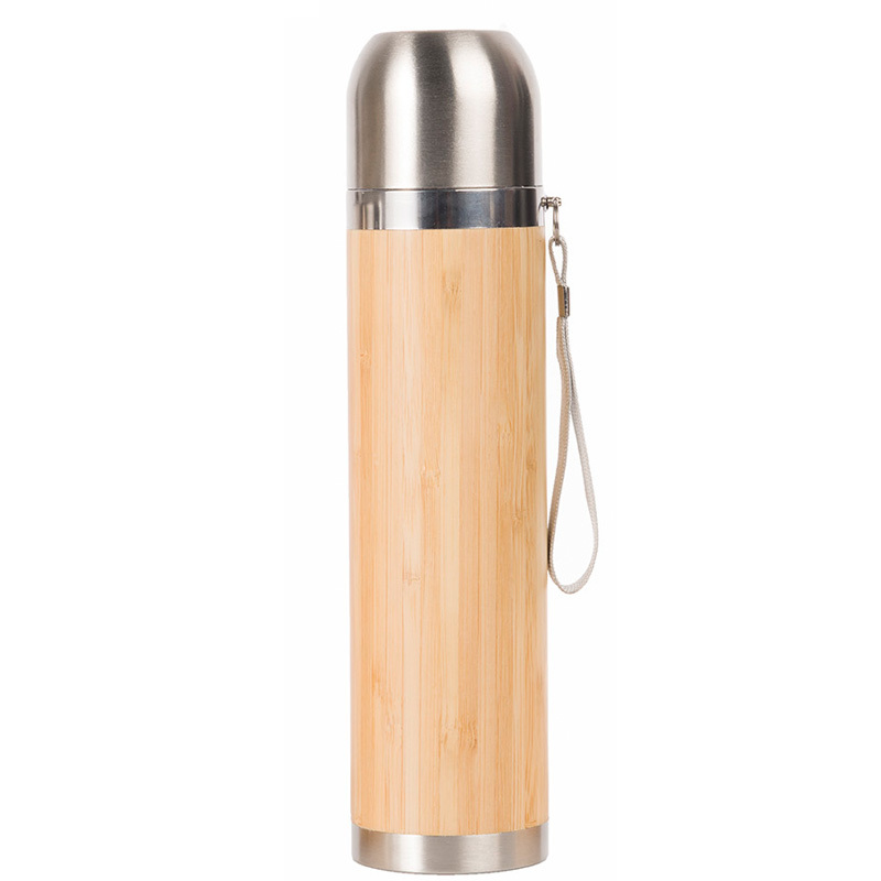 High Quality 450ml 500ml Bamboo Water Bottle Sport Straight Double Wall Insulated 18/8 Stainless Steel Temperature Water Bottle