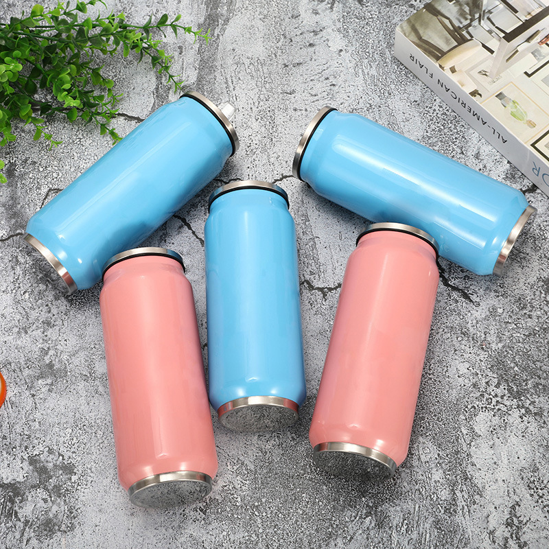 Promotional Gift Use 12 oz 17 oz Double Wall Cola Thermos logo Blank Stainless Steel Cola Water Bottle Can with Straw