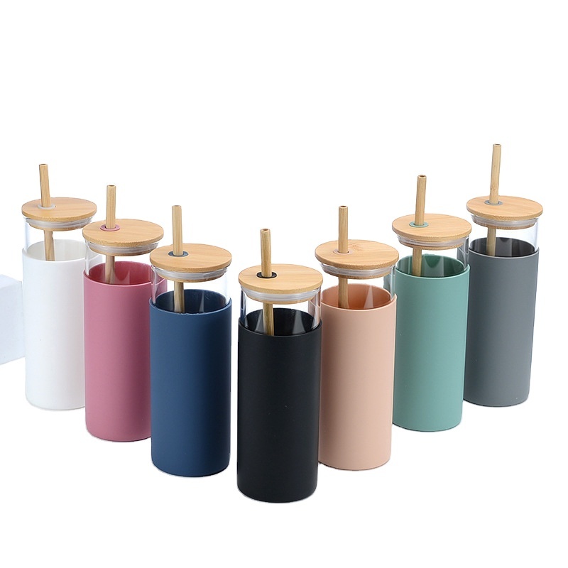 Custom Eco-friendly 500 ml BPA Free Custom Drink Glass Water Bottle Tumbler Cup With Bamboo Lid and Straw with Silicone Sleeve