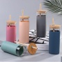 Custom Eco-friendly 500 ml BPA Free Custom Drink Glass Water Bottle Tumbler Cup With Bamboo Lid and Straw with Silicone Sleeve