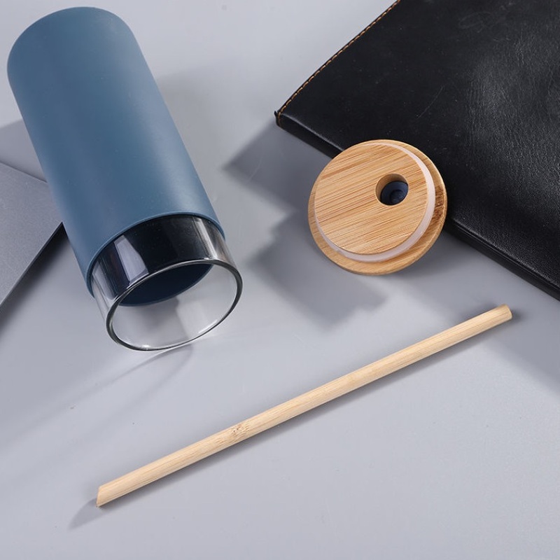 Custom Eco-friendly 500 ml BPA Free Custom Drink Glass Water Bottle Tumbler Cup With Bamboo Lid and Straw with Silicone Sleeve
