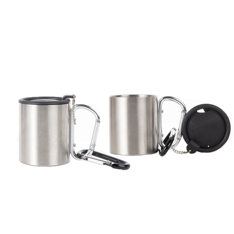 200ml 300ml Outdoor Camping Travel Portable Stainless Steel Coffee Cup Double Walled Carabiner Mug with Handle