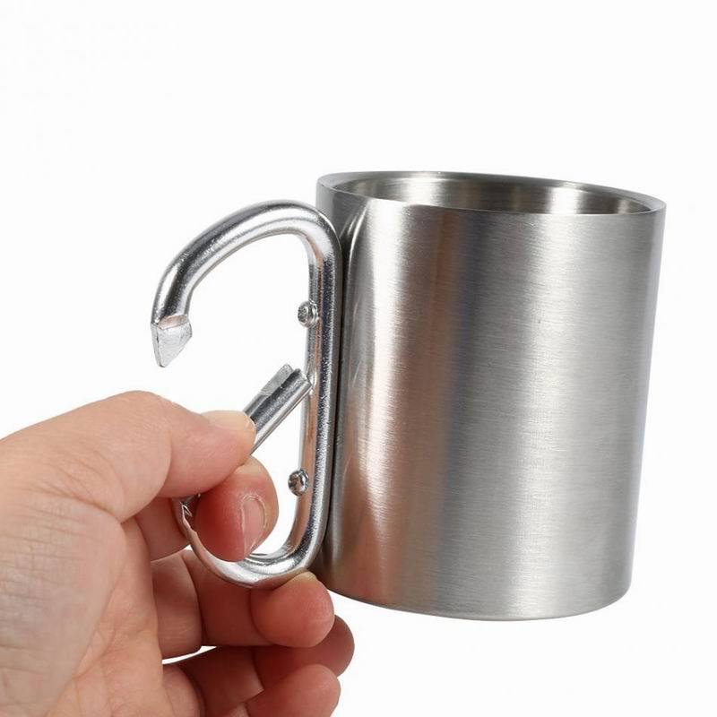 200ml 300ml Outdoor Camping Travel Portable Stainless Steel Coffee Cup Double Walled Carabiner Mug with Handle
