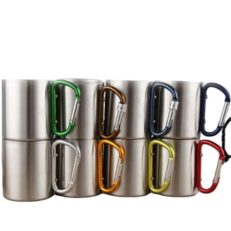 200ml 300ml Outdoor Camping Travel Portable Stainless Steel Coffee Cup Double Walled Carabiner Mug with Handle