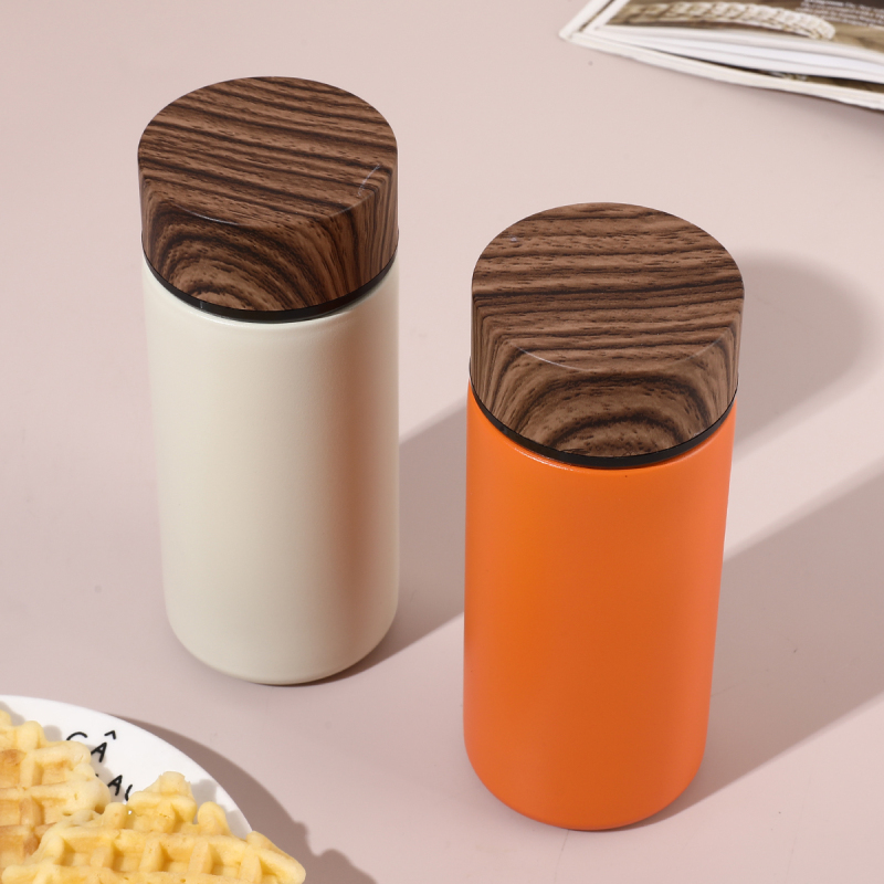 Wholesale Custom Logo Pocket Size 280ml Stainless Steel Water Bottle Featuring Wood Grain Lid for Travel