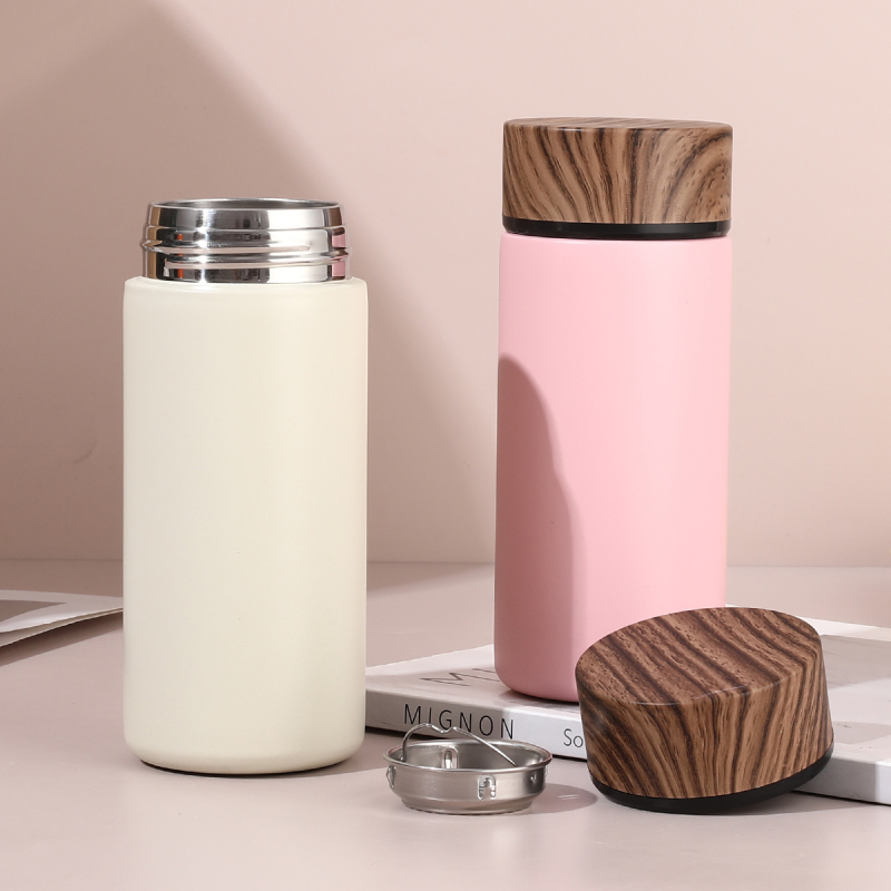 Wholesale Custom Logo Pocket Size 280ml Stainless Steel Water Bottle Featuring Wood Grain Lid for Travel