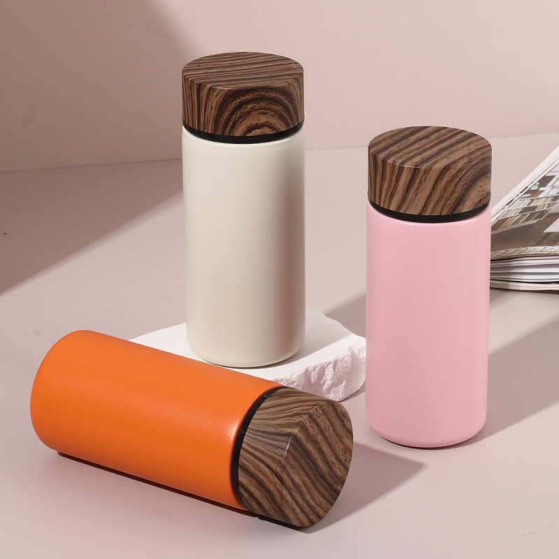Wholesale Custom Logo Pocket Size 280ml Stainless Steel Water Bottle Featuring Wood Grain Lid for Travel