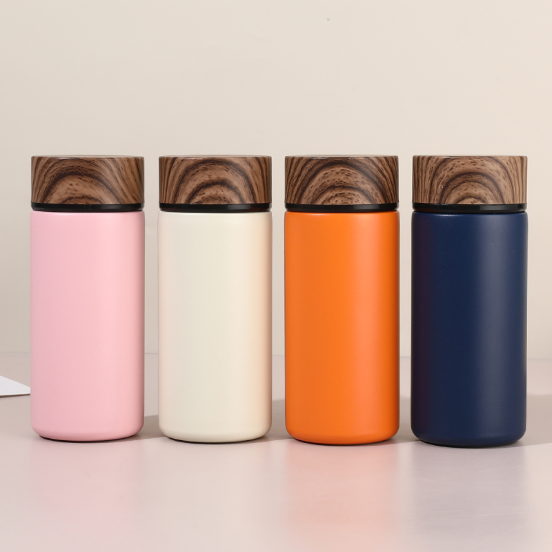 Wholesale Custom Logo Pocket Size 280ml Stainless Steel Water Bottle Featuring Wood Grain Lid for Travel