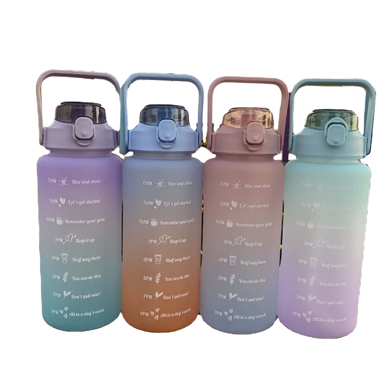 Outdoor Large Capacity Gradient Color Time Marker 2000ml Sport Water Bottle with Straw and Handle