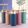 Promotional Reusable 500ml Straw Glass Dinking Water Bottle Tumbler With Silicone Sleeve  Glass Tumbler Cup With Bamboo Lid