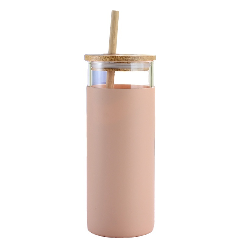 Promotional Reusable 500ml Straw Glass Dinking Water Bottle Tumbler With Silicone Sleeve  Glass Tumbler Cup With Bamboo Lid
