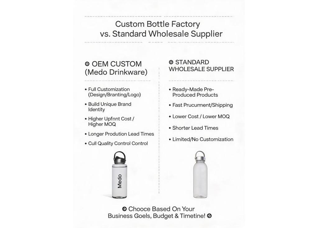 What should I consider when choosing between a custom bottle factory for OEM vs. a standard wholesale supplier?