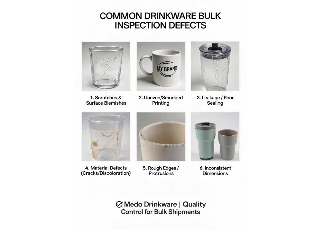 What are the common defects to watch out for when inspecting bulk shipments of drinkware?