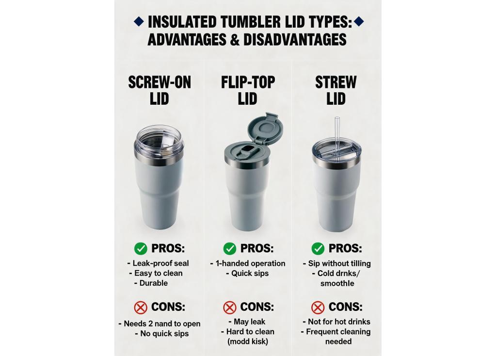 What are the advantages and disadvantages of different lid types (screw-on, flip-top, straw lid) for insulated tumblers?