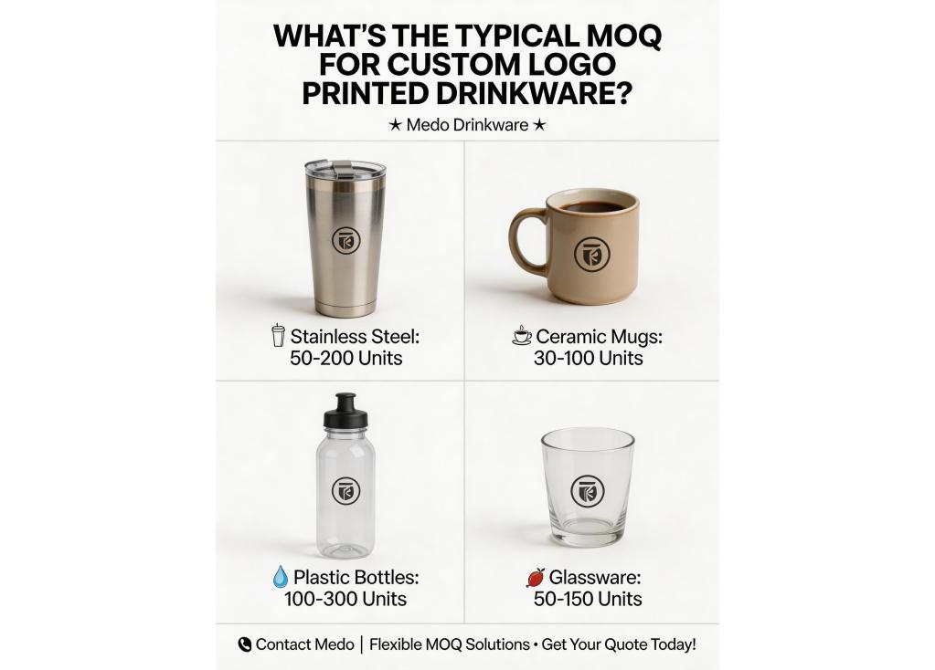 What is the typical minimum order quantity (MOQ) for custom logo printed drinkware?