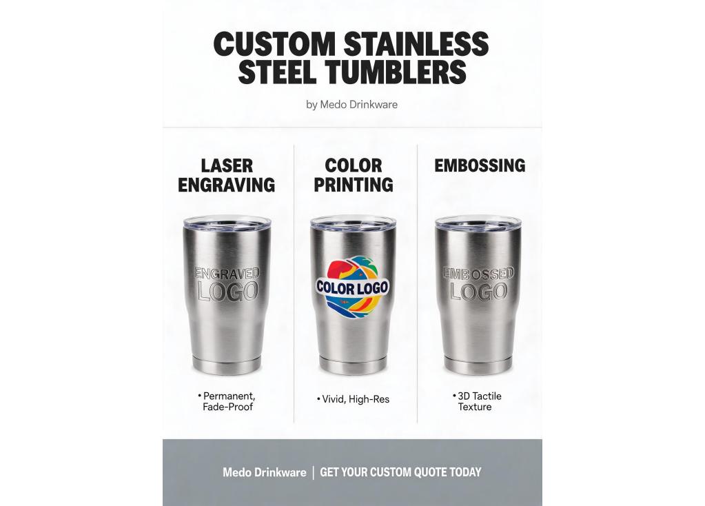 What customization options are available for stainless steel tumblers (e.g., laser engraving, color printing, embossing)?