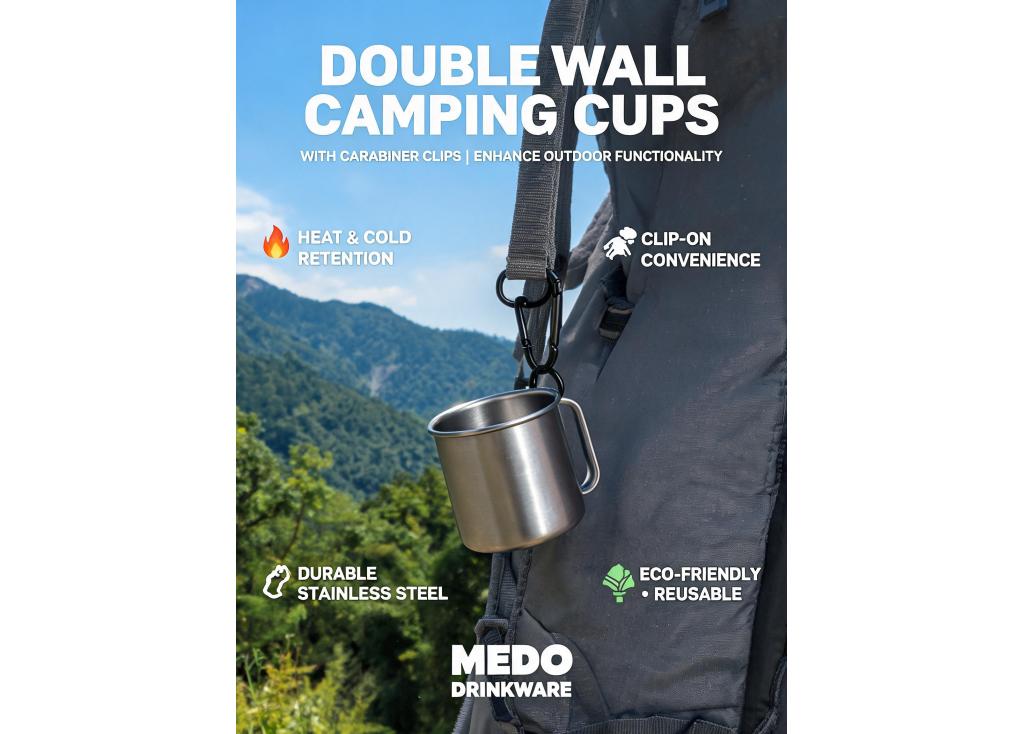 How do double wall camping cups with carabiner clips enhance functionality for outdoor use?