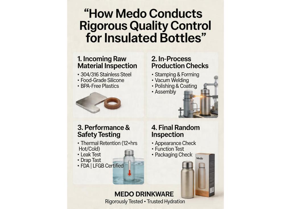How does a manufacturer conduct quality control checks during the production of insulated bottles?