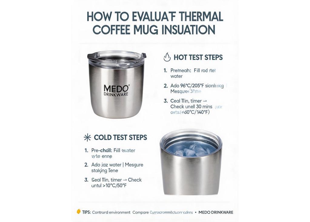 How do I evaluate the insulation performance (hot/cold retention time) of a thermal coffee mug?