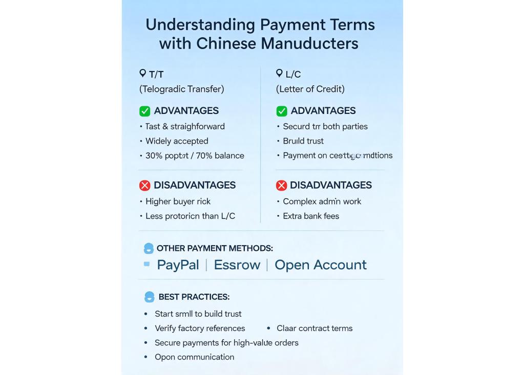 What payment terms are commonly used when working with Chinese manufacturers (e.g., T/T, L/C)?