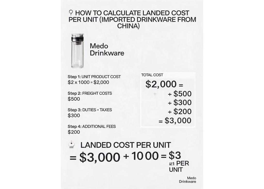 How can I calculate the landed cost per unit for drinkware shipped from China to my country?