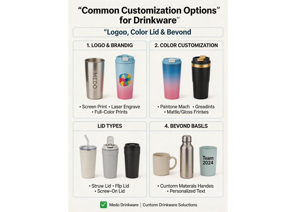 What are the common customization options available for drinkware, such as logo printing, color matching, and lid types?