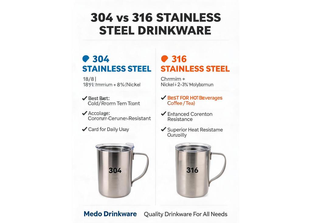 What is the difference between 304 and 316 stainless steel for drinkware, and which is more suitable for hot beverages?