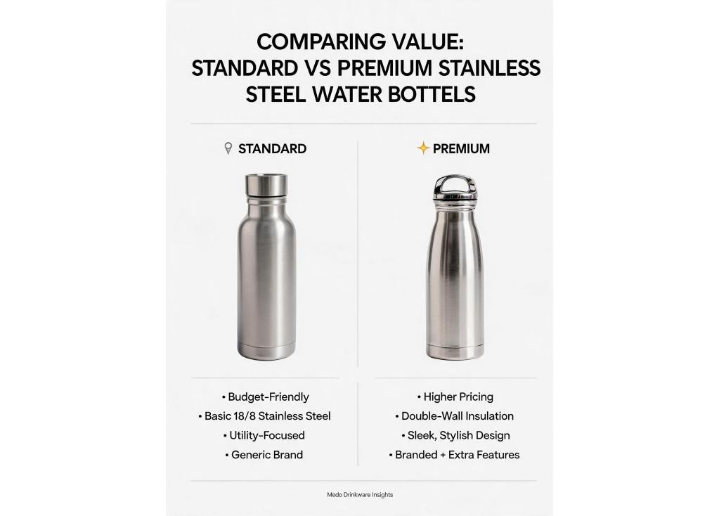 How do I compare the value between a standard stainless steel water bottle and a premium branded one from a manufacturer?