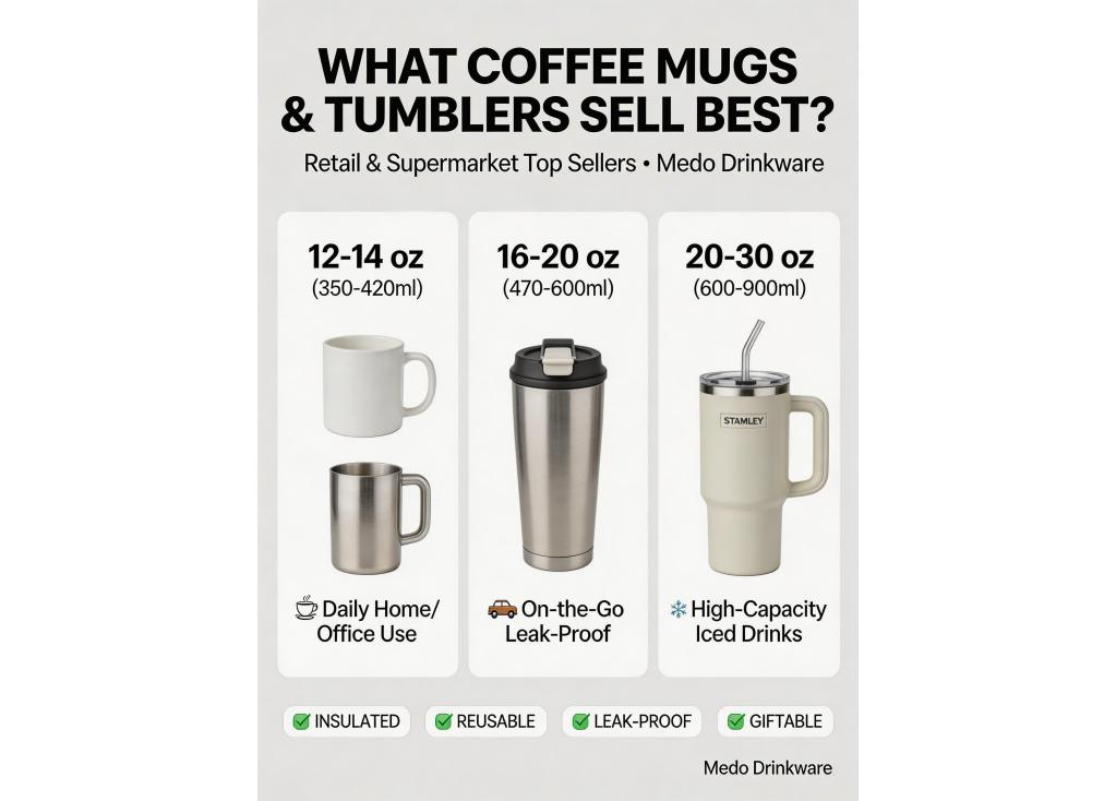 What styles and sizes of coffee mugs and tumblers are most in demand for retail and supermarket sales?