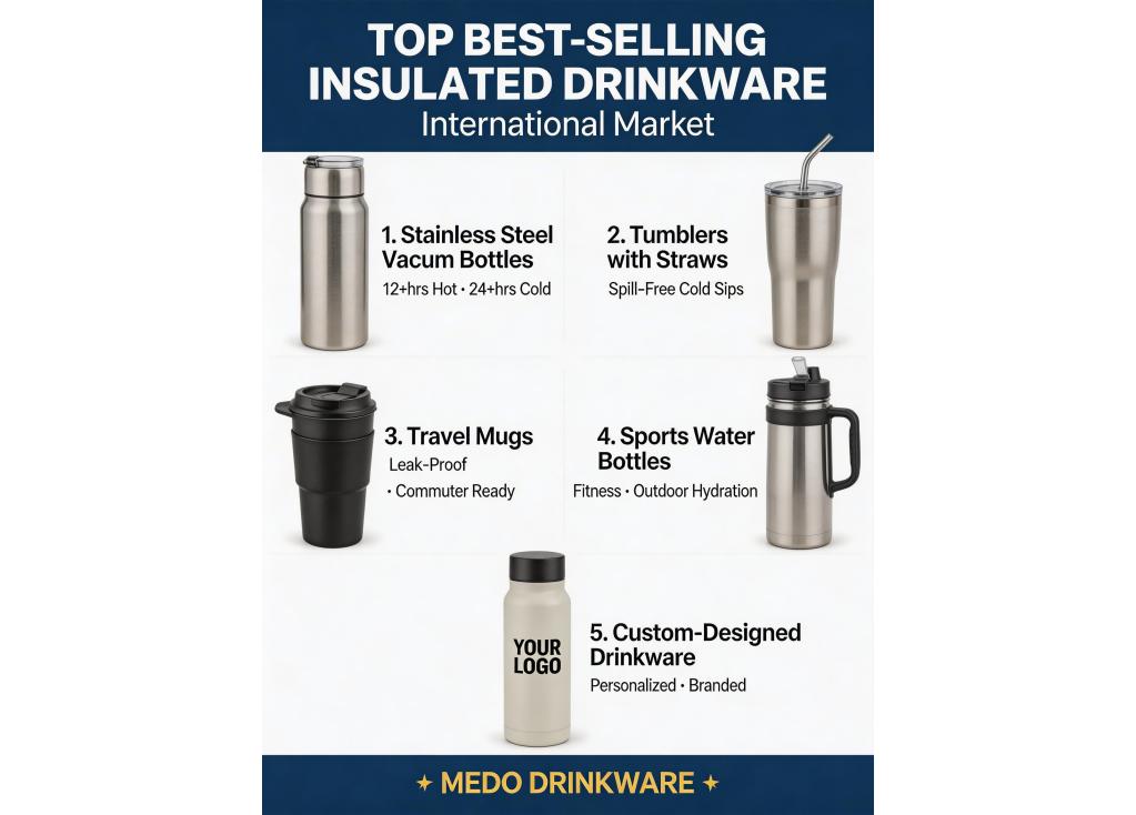 What are the current best-selling types of insulated drinkware in the international market?