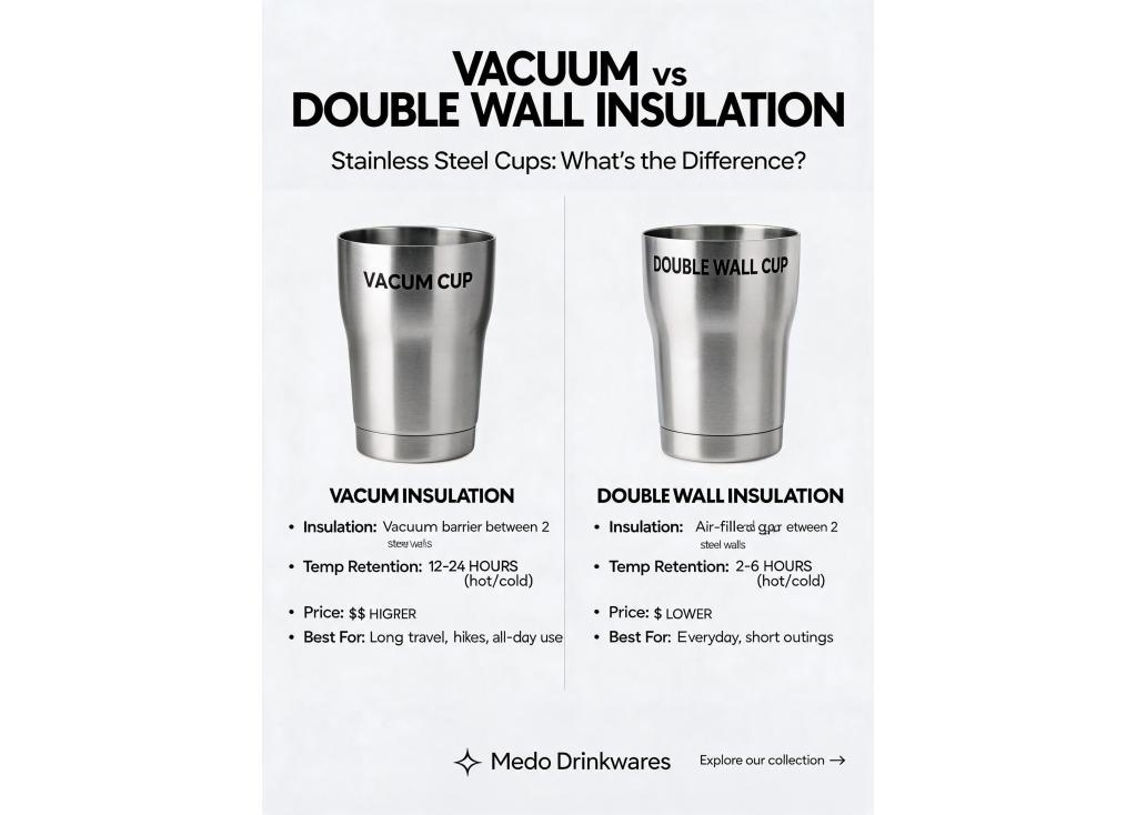 What is the difference between vacuum insulation and double wall insulation in stainless steel cups?