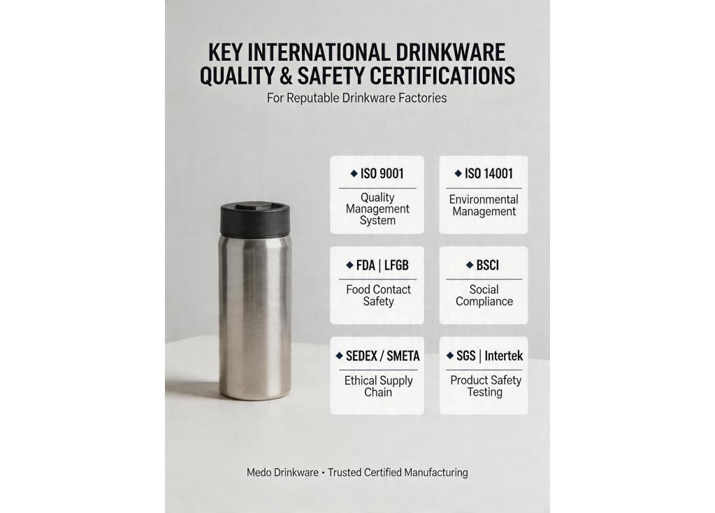 What international quality and safety certifications should a reputable drinkware factory hold?