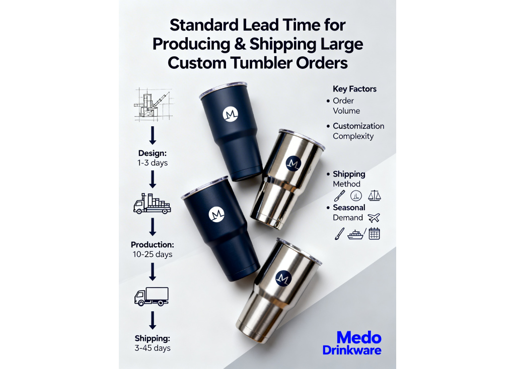 What is the standard lead time for producing and shipping a large order of custom tumblers?