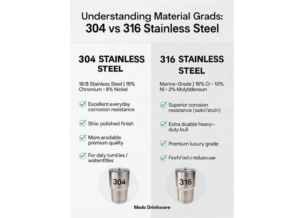 What are the common material grades (e.g., 304 vs 316 stainless steel) used in premium drinkware and their differences?