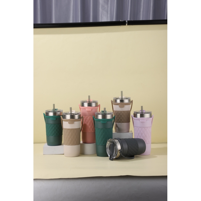 Double-wall ceramic straw coffee bottle insulated car water cup with tea-infused suction tube vacuum cup