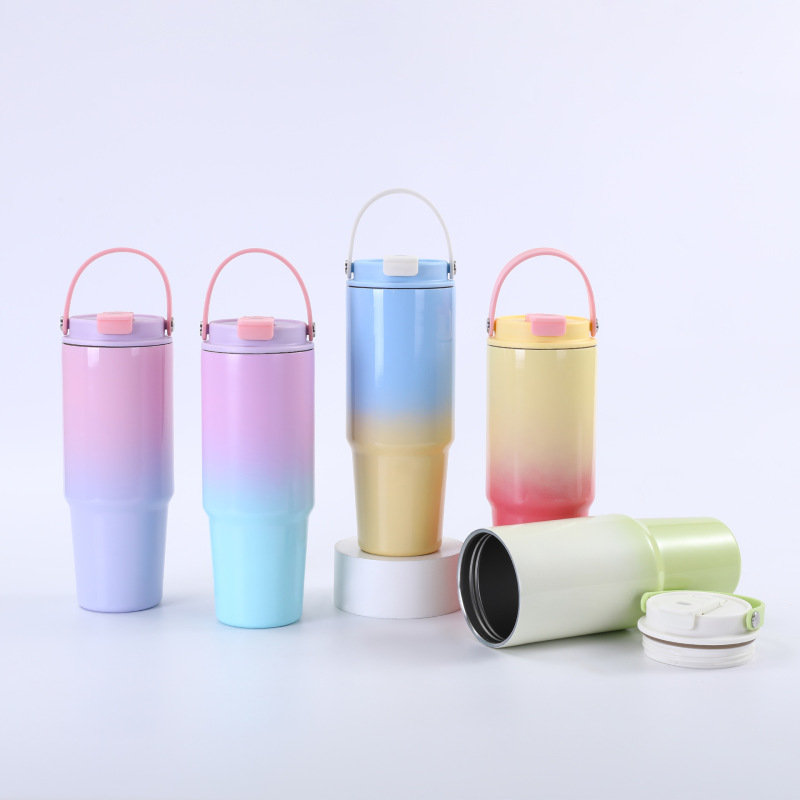 Eco Friendly Custom Logo Insulated Vacuum Water Bottle Stainless Steel Double Walled Gradient Color Tumbler With Straw