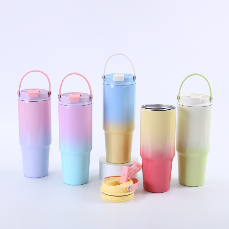 Eco Friendly Custom Logo Insulated Vacuum Water Bottle Stainless Steel Double Walled Gradient Color Tumbler With Straw