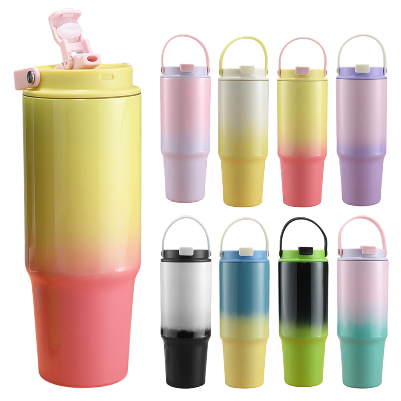 Eco Friendly Custom Logo Insulated Vacuum Water Bottle Stainless Steel Double Walled Gradient Color Tumbler With Straw