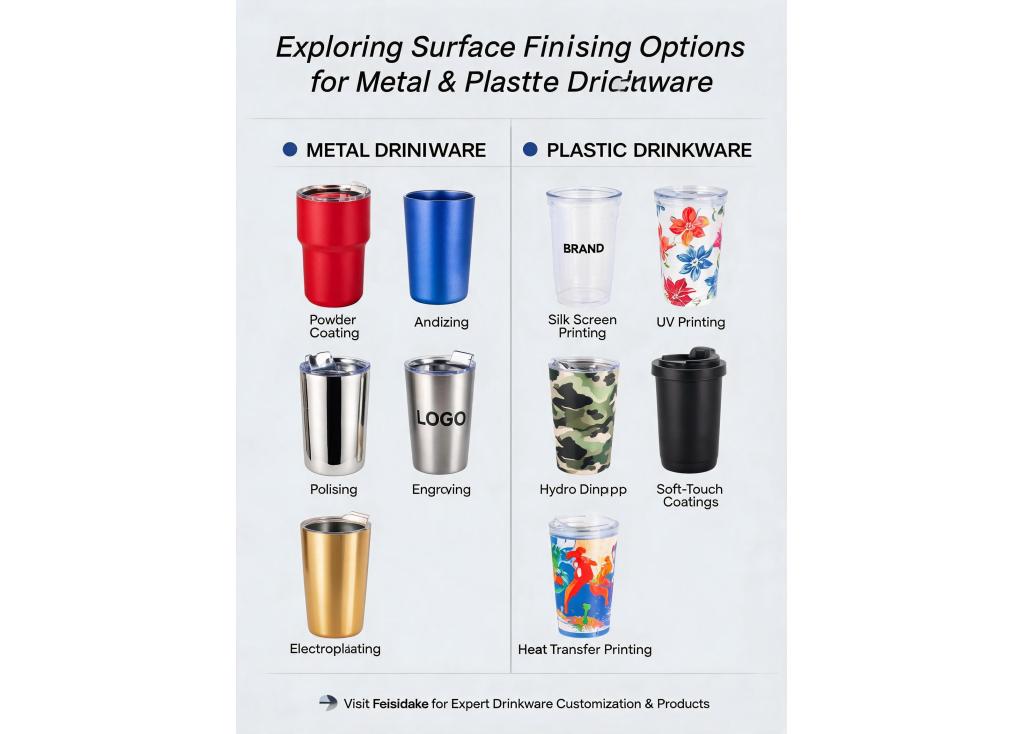 What surface finishing options are available for metal and plastic drinkware?