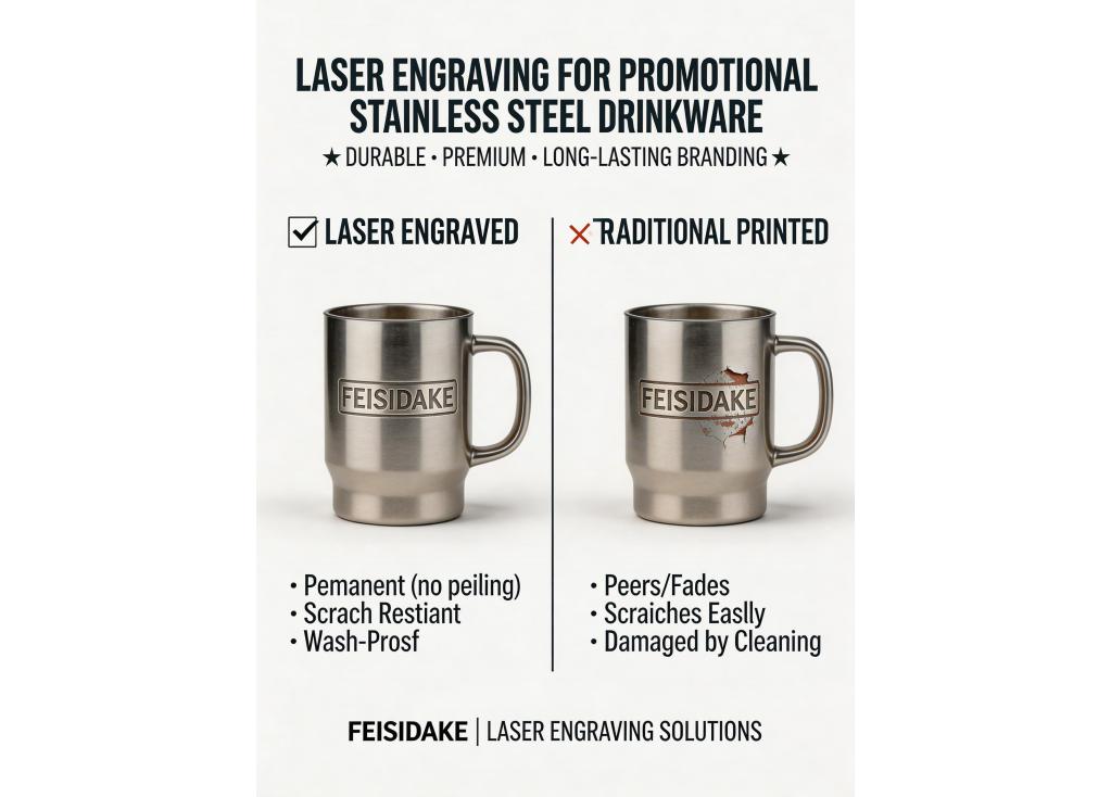 How does laser engraving technology affect the durability and appearance of promotional stainless steel drinkware?