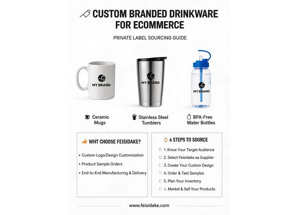 How can e-commerce sellers source custom branded drinkware for private labeling?