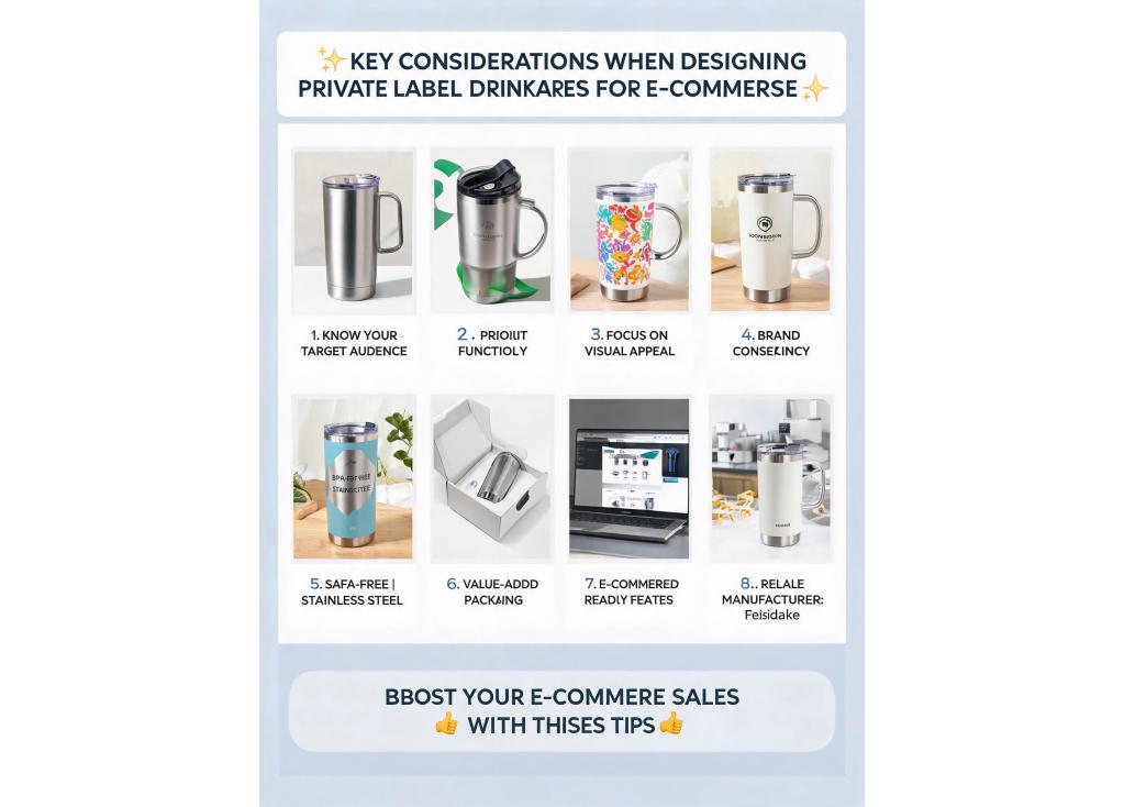 What are the key considerations when designing private label drinkware for e-commerce?