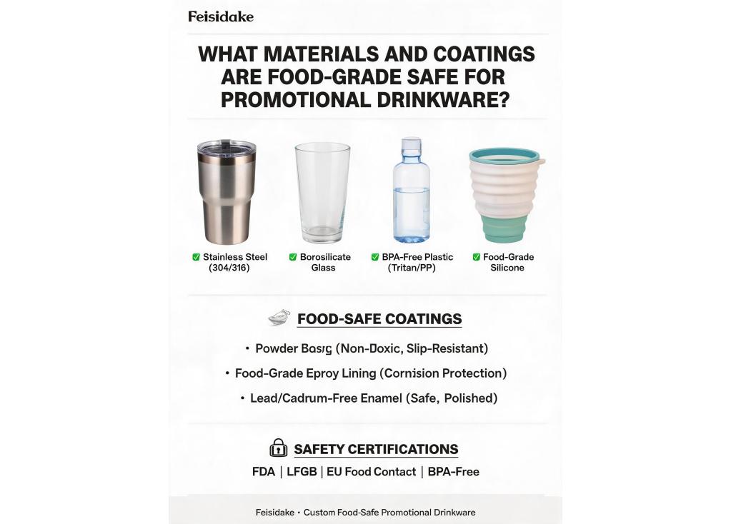 What materials and coatings are food-grade safe for promotional drinkware?