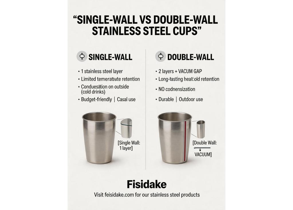 What are the differences in thermal insulation performance between single-wall and double-wall stainless steel cups for retail?