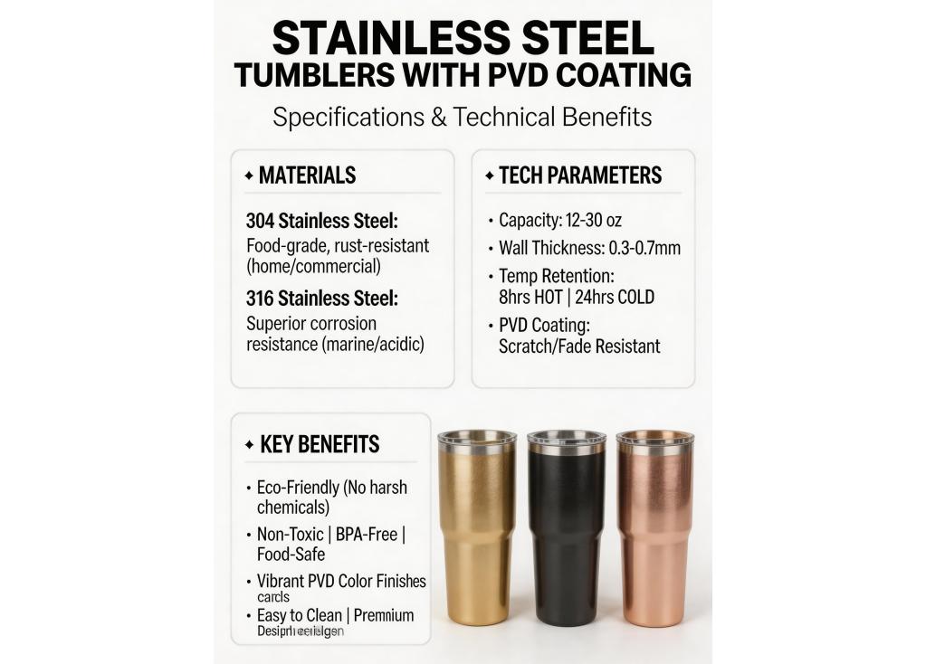 What are the specifications and technical parameters for stainless steel tumblers with PVD coating?