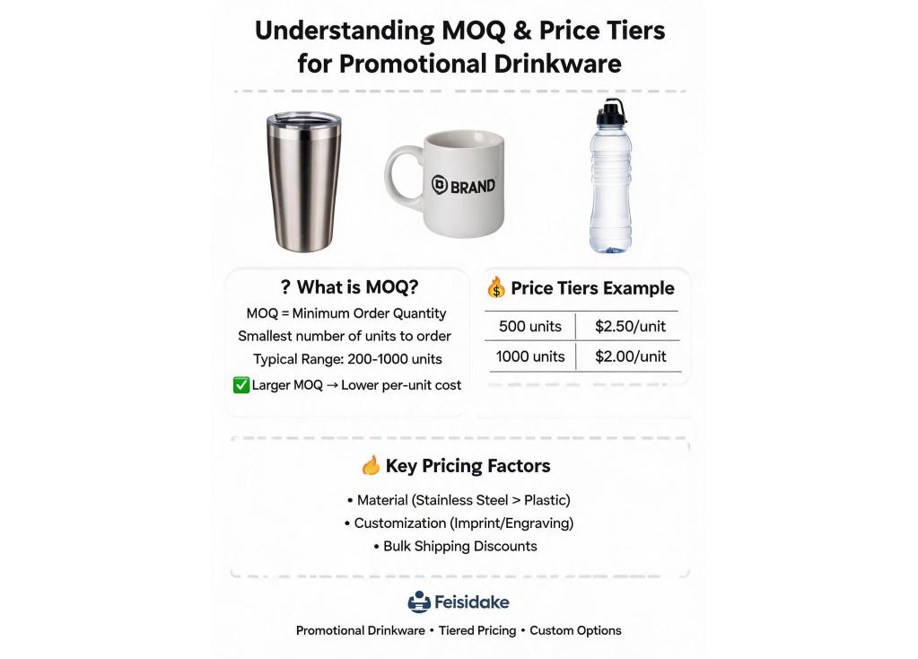 What are typical MOQ and price tiers for promotional drinkware?